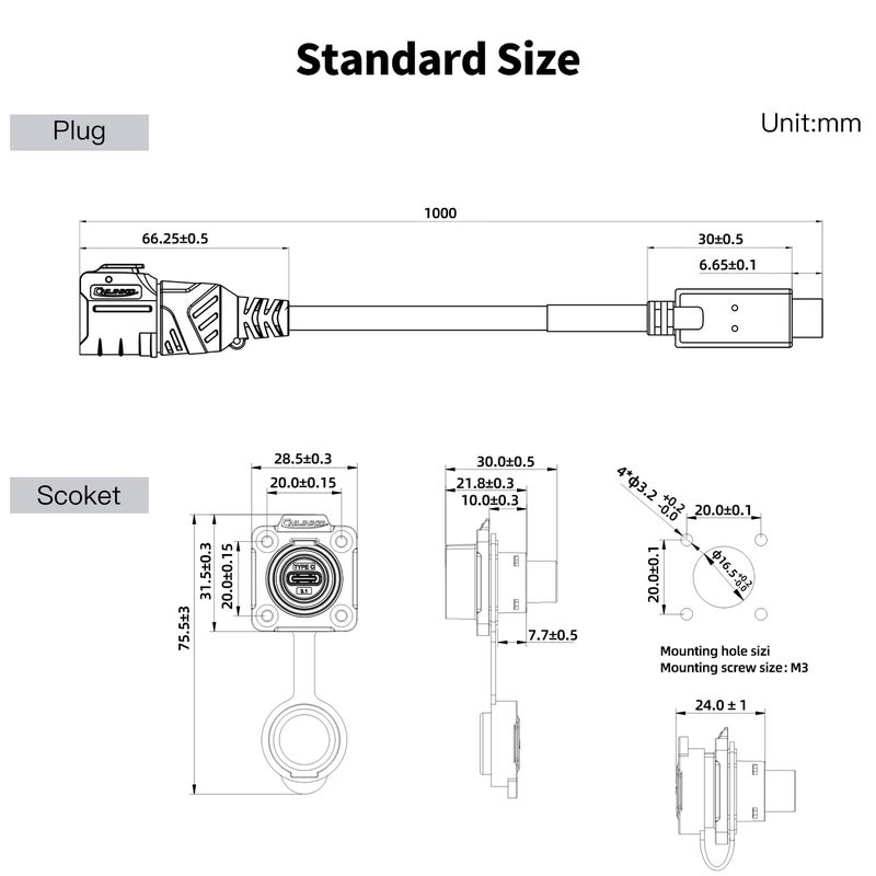 CNLINKO LP-16 Type-C 3.1 Data Circular Connector IP67 Waterproof Electrical Plug with 1M Cable Assemblies Metal Socket for Industrial Use - Image 5